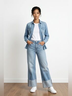 Indigo Rein Light Blue Flare Wide Leg Jeans Cuffed | Trendy